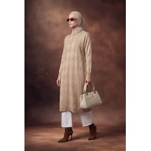 Armine Trend Baklava Desenli Fermuar Yaka Uzun Triko Tunik Koyu Taş 25ktd4112 Koyu Kahverengi