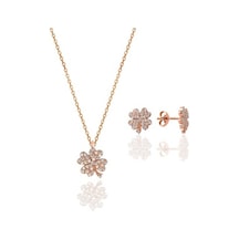 Gümüş Rose Zirkon Taşlı Yonca Kolye Ve Küpe Gümüş Ikili Set