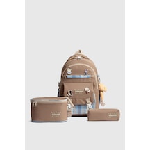 Rlx-1396 3'lü Set Çocuk İlkokul Çantası Kalemlikli Beslenme Çantalı Sırt Çantası Vizon Çok Renkli