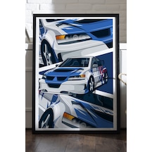 Mitshubishi Lancer Evolution Siyah Ahşap Çerçeveli Poster, Dekoratif Araba Duvar Tablosu