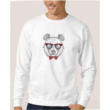 Payonlu Gözlüklü Ayı Baskılı Beyaz Erkek Örme Sweatshirt