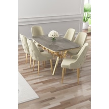 Canisa Asel Serisi 90x160 Lak Panel Antrasit İroni Gold Kaplama Ayaklı Masa Takımı Ve 6 Krem Sandalye Antrasit İroni Masa Krem Sandalye Ayaklar Gold