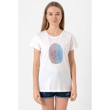 Bordo Mavi Parmak İzi Beyaz Kadın Bisikletyaka Tshirt Beyaz