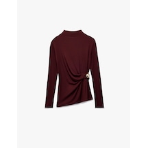Koton Koton X Melis Ağazat - Slim Fit Uzun Kollu Dik Yaka Aksesuar Detaylı Tişört Bordo 6wak50278ek Bordo