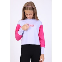 Toontoy Kız Çocuk Relax Fit Bisiklet Yaka Düşük Omuz Baskılı Crop Sweatshirt - Renk Bloklu & 2 İplik Açık Lila