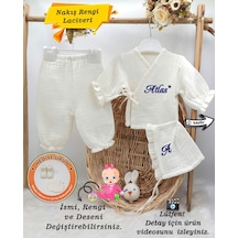 Gros Shop Yeni Doğan Müslin 3'li Kimono Bağcıklı Tulum %100 Pamuk Organik Kişiye Özgü İsimli Nakış Desenli Ekru