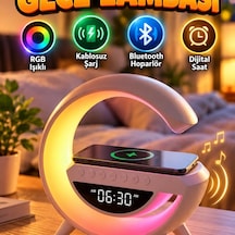Rgb Işıklı Kablosuz Şarj Özellikli Bluetooth Hoparlörlü Dijital Saat Gece Lambası