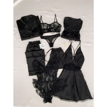 Mh Moony Homewears Kutulu 8 Parça Siyah Saten Pijama Gecelik Iç Giyim Dev Çeyiz Seti Siyah