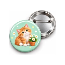 Papatyalı Turuncu Yavru Kedi - 58mm Rozet Çok Renkli