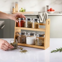 8 Parça Borosilikat Cam Baharatlık Seti 700 Ml - Paslanmaz Çelik Kapaklı Ve Bambu Kapak Sçenekli 2 Katlı Bambu Standlı Tezgah Üstü Erzak Kabı Ve Mutfak Düzenleyici Organizer Bambu Kapak Çok Renkli