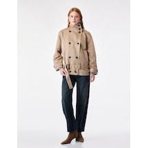 Koton Uzun Kollu Cepli Kemerli Düğmeli Kruvaze Dik Yaka Gabardin Kısa Oversize Trençkot Vizon 7wak00157ew