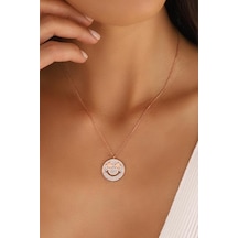 Beyaz Taşlı Gülen Yüz Emojili Gümüş Kolye Rose Gold