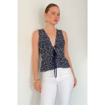 Verymoda V Yaka Belden Bağcıklı Pullu Yelek Bluz D3135 Lacivert