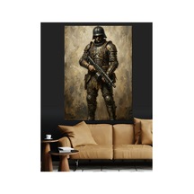 Silahlı Ve Tam Teçhizatlı Asker Yağlı Boya Dokulu Kanvas Tablo Canvas Tablosu