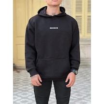 Hunors Sportswear & Company Hunors- Unisex Siyah Brooklyn Baskılı Kapüşonlu Sweatshirt SIYAH