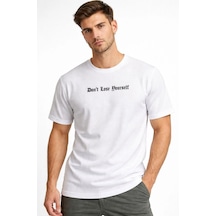 Erkek Wafıl Kumaş Tişört Regular Kalıp Bisiklet Yaka Baskılı T-shirt - Beyaz