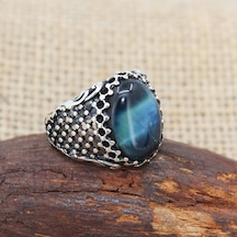 Mavi Kaplangözü Taşlı 925 Ayar Gümüş Şık Erkek Yüzüğü Gümüş