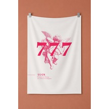 777 Pembe Aşk Meleği Şans Temalı Vintage Dekoratif Duvar Örtüsü Duvar Halısı Beyaz