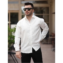 Yeni Sezon Eşref Tek Hafif Oversize Uzun Kollu Likralı Ütü İstemez Trend Çizgili Gömlek Beyaz Kndn Çzgl