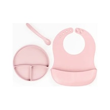 Pembe 3 Lü Silikon Yemek Seti Önlük + Diş Kaşıyıcılı Kaşık + Vakumlu Tabak