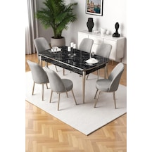 Canisa Nira Serisi 70x114 Mdf Siyah Mermer Desen Mutfak Masa Takımı 6 Gri Sandalye Krom Detay Masa Siyah Mermer Desen Gri Sandalye Ayaklar Krom