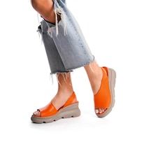 Zeyn 7712s Kadın Hakiki Deri Dolgu Topuk Sandalet Turuncu-turuncu