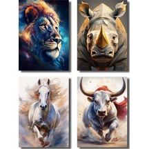 Çerçevesiz Poster 4 Adet Aslan,at,boğa,gergedan Dijital Baskılı Hayvanlar, Çerçeve,tablo İçin Poster
