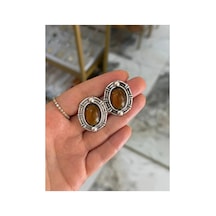 Vintage Model Metal Çerçeveli Küpe Kahverengi