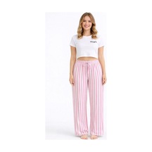 Viskon Pamuklu Kadın Pudra Pembe Çizgili Pijama Pantolon - Mg004 - Mudanis