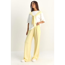 Shade Kadın Şal Detaylı Basic T-shirt Beli Lastikli Bol Pantolon Alt-üst Modal Takım 4116 60286084 - Sarı-beyaz Çok Renkli
