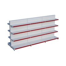 Beyaz Metal Çift Yönlü Orta Reyon 4 Katlı 3'li Birleşik Market Raf Sistemi Market Rafı G270cm Yükseklik H140 Cm Kırmızı