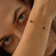 Queen Silver Jewelry 925 Ayar Gümüş Örme Ametist Doğal Taş Bileklik Altın