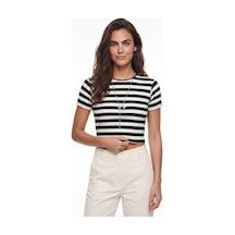 Onloox Kadın Siyah Siyah Beyaz Pamuklu Bisiklet Yaka Basic Crop Çizgili Kısa Kollu Örme T-shirt