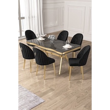 Canisa Pem Serisi 90x160 Lak Panel Antrasit İroni Gold Ayak Masa Takımı 6 Siyah Sandalye Siyah Mermer Desen Masa Sandalyeler Siyah