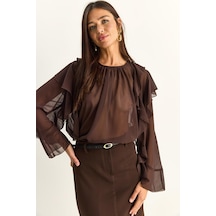 Shade Kadın Fırfır Detaylı Transparan Şifon Bluz 1008 60286163 - Acı Kahve Çok Renkli