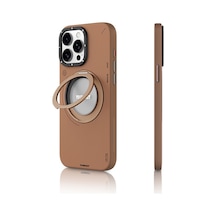 iPhone Uyumlu 15 Pro Max Kılıf Magsafe Özellikli 360 Standlı Deri Desenli Youngkit Tech Leather Serisi Kahverengi