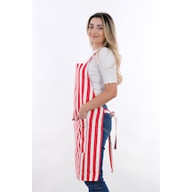 Sweet 3lü Set Ayarlanabilir Askılı Cepli Mutfak Önlüğü Seti 2 Eldiven Kırmızı Çizgili