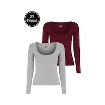 Rich Kadın 2'li Paket Gri Melanj-bordo U Yaka Vücudu Saran Uzun Kollu Bluz Bordo Melanj Rich Kadın 2'li Paket Gri Melanj-bordo U Yaka Vücudu Saran Uzun Kollu Bluz Bordo Melanj