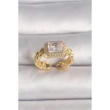 Pirinç Gold Renk Zincir Model Kare Zirkon Taşlı Kadın Yüzük Çok Renkli