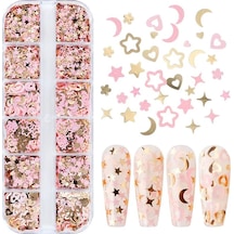 Pembe Ve Gold Tırnak Süsleme Folyo Pulları Karışık Dizayn Ay Yıldız Kalp Nail Art