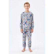 Bunny Hopp Erkek Çocuk Uzun Kollu Pijama Takımı %100 Pamuk Vintage Uçak Desenli Penye Gri