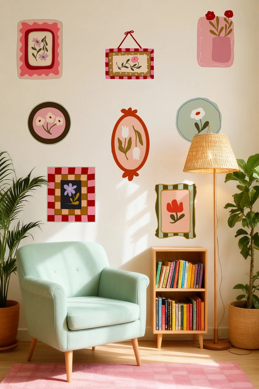 Soft Renkler Pastoral Çerçeve Duvar Sticker Seti 10 Parça Pastel Bahar Temalı Dekoratif Stickerlar Dijital Baskı