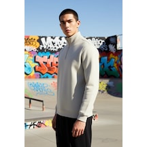 Benerly Erkek Dik Yaka Fermuarlı Standart Kol Regular Kalıp Sweatshirt Fo Taş