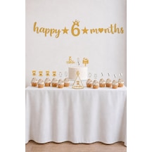 6 Ay Temalı Bebek Parti Seti Gold Happy 6 Months Banner, Pasta Süsü, Kürdan Süs Ve Parti Şapkası Seti Altın