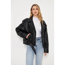 M M Marki Marki Kadın Hakiki Deri Ceket - Siyah, Kemerli, Oversize, Askılı Omuz Detaylı, 70 Cm - 116622