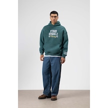 Vamos Oversize Nakış Baskılıkapüşonlu Sweatshirt Nefti Yeşil