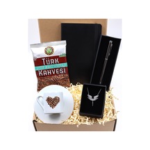 Kahve Desenli Beyaz Fincan & Siyah Defter & Füme Roller Kalem & M