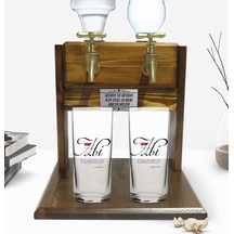 Kişiye Özel Renkli Baskılı Mâna Abi Tasarımlı İkili Rakı Bardağı Ve Çift Musluklu Doğal Ahşap Rakı Standı-1