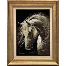 Lüks El Dokuma İran Tablo Halısı Beyaz At 49x70 Cm Yün & İpek İran Üretim Çok Renkli