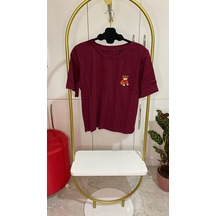 Gamzelirenklerim Ayıcıklı Kısa Boy Tişört Kısa Kollu Penye Beyaz Krop Tişört - Beyaz Teddy Nakışlı Tshırt Bordo